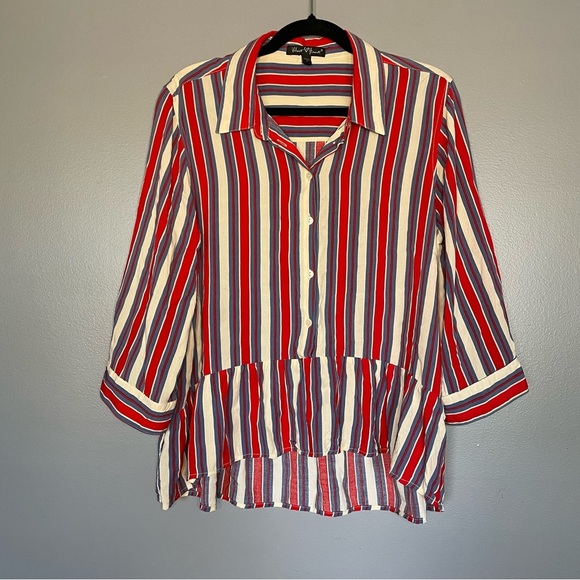 Striped button-up collared peplum shirt red white and blue high-low shirt - Picture 1 of 9